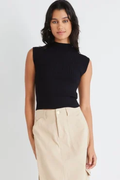 Among the Brave Regal Black Sleeveless Funnel Neck Rib Knit Top