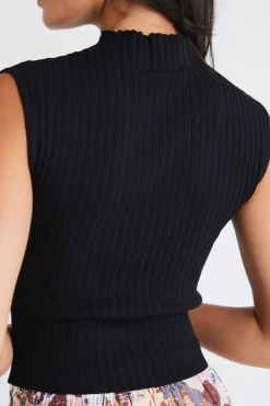 Among the Brave Regal Black Sleeveless Funnel Neck Rib Knit Top