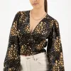 Among the Brave Reign Gold Spot LS Balloon Sleeve Plunge Button Front Crop Top