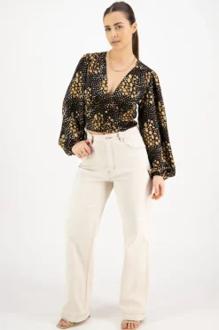 Among the Brave Reign Gold Spot LS Balloon Sleeve Plunge Button Front Crop Top