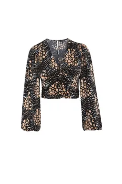 Among the Brave Reign Gold Spot LS Balloon Sleeve Plunge Button Front Crop Top