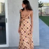 Ownley Remy Caramel Check Cowl Neck Strappy Maxi Dress