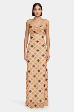 Ownley Remy Caramel Check Cowl Neck Strappy Maxi Dress