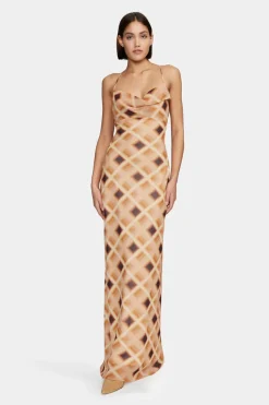 Ownley Remy Caramel Check Cowl Neck Strappy Maxi Dress