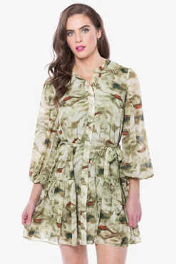 Leila + Luca Renew Khaki Smudge LS Belted Mini Dress