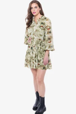 Leila + Luca Renew Khaki Smudge LS Belted Mini Dress