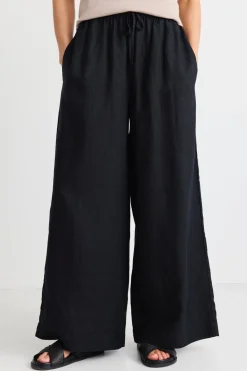 RE:UNION Label Resort Black Linen Tie Waist Pull On Wide Pants