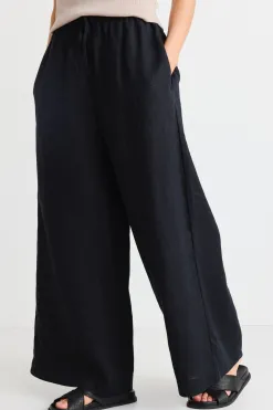 RE:UNION Label Resort Black Linen Tie Waist Pull On Wide Pants