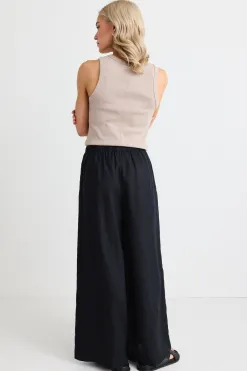 RE:UNION Label Resort Black Linen Tie Waist Pull On Wide Pants