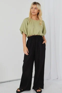 RE:UNION Label Resort Black Linen Wide Leg Elastic Waist Pant