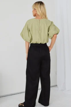 RE:UNION Label Resort Black Linen Wide Leg Elastic Waist Pant