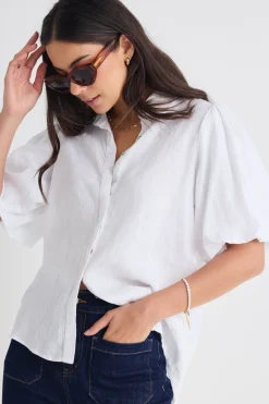Among the Brave Rested White Linen Bubble Sleeve Shirt
