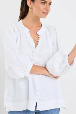 By Rosa. Restoration White Linen Button Front Mid Sleeve Blouse