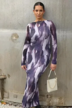 Stories be Told Revel Lilac Crinkle Mesh LS Maxi Dress