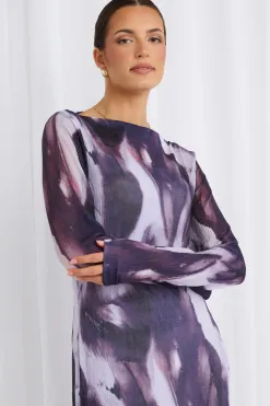 Stories be Told Revel Lilac Crinkle Mesh LS Maxi Dress