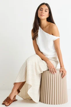 Among the Brave Revered Ivory Linen Blend Off Shoulder Sleeveless Top