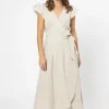 Leila + Luca Romantic Natural Linen Flutter Sleeve Maxi Wrap Dress