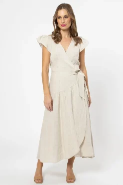 Leila + Luca Romantic Natural Linen Flutter Sleeve Maxi Wrap Dress