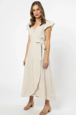 Leila + Luca Romantic Natural Linen Flutter Sleeve Maxi Wrap Dress