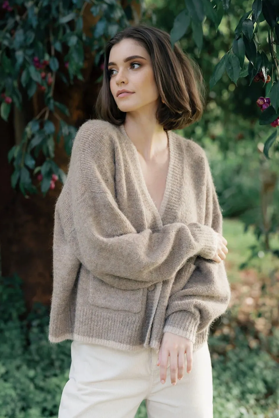 Humidity Lifestyle Romi Hazelnut Wool Blend Border Cardi