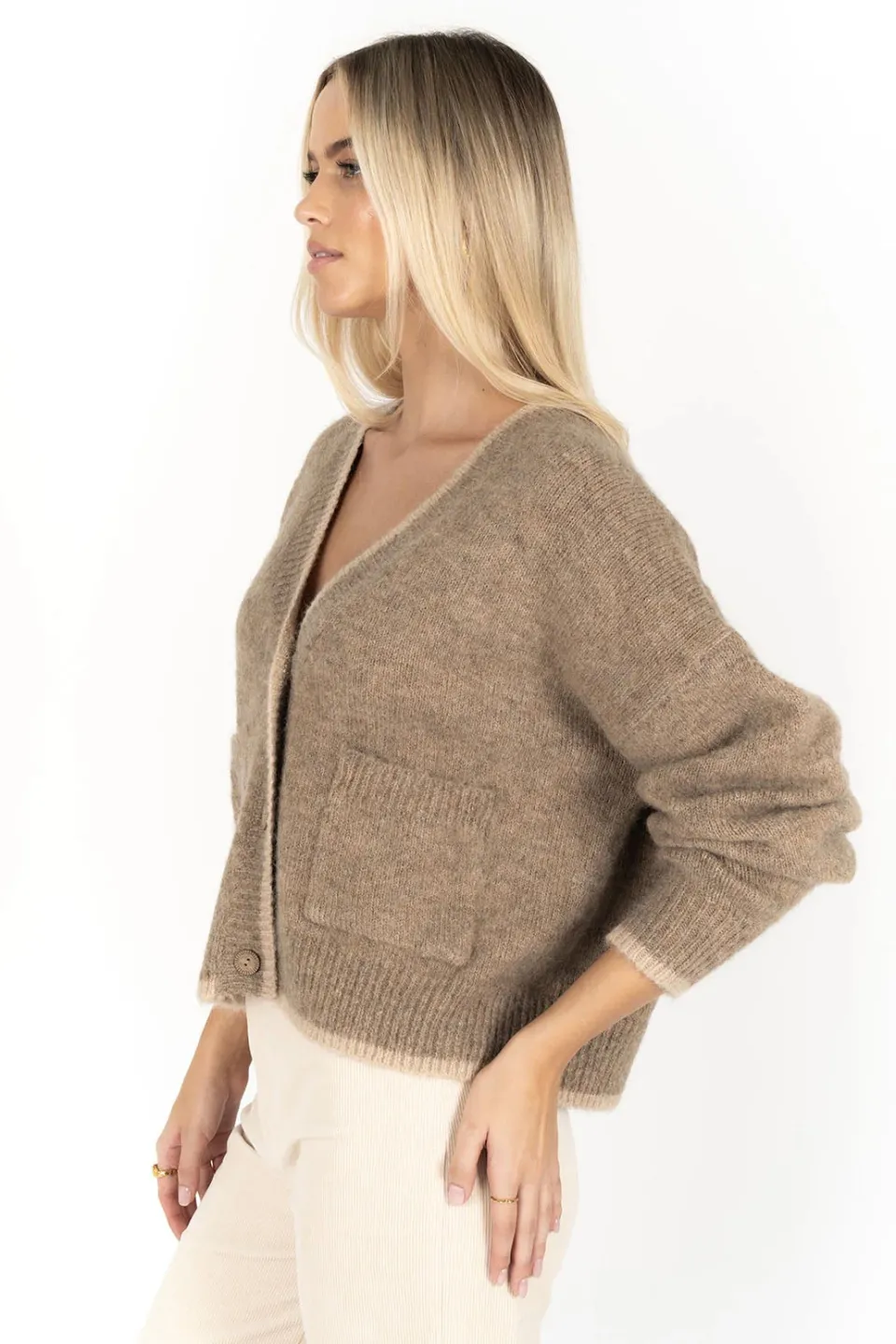 Humidity Lifestyle Romi Hazelnut Wool Blend Border Cardi