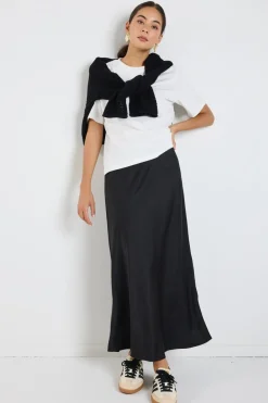 Ivy + Jack Rosette Black Satin Bias Midi Skirt
