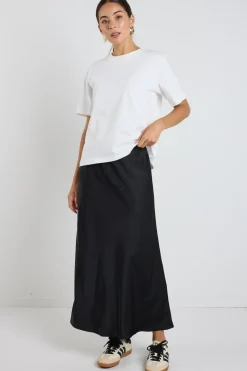 Ivy + Jack Rosette Black Satin Bias Midi Skirt