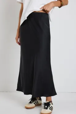 Ivy + Jack Rosette Black Satin Bias Midi Skirt