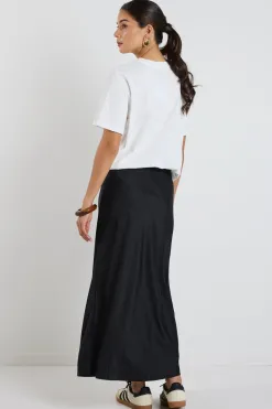 Ivy + Jack Rosette Black Satin Bias Midi Skirt