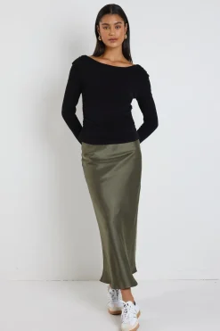 Ivy + Jack Rosette Khaki Satin Bias Midi Skirt