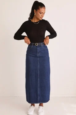 Among the Brave Rouge Dark Blue Denim Midi Skirt