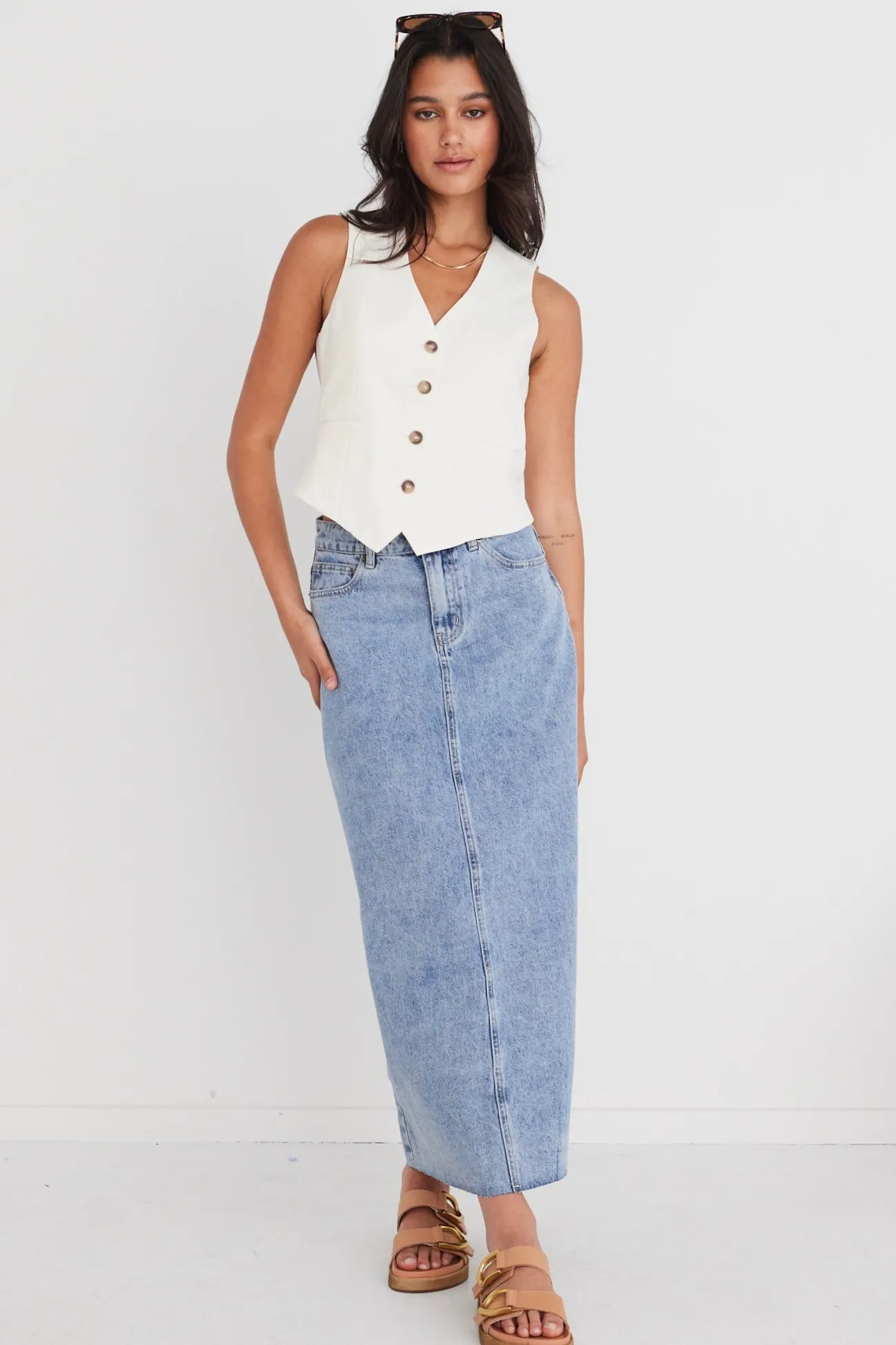 Among the Brave Rouge Vintage Blue Denim Midi Skirt