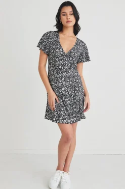 Stories be Told Royals Black Ditsy Ss Wrap Mini Dress