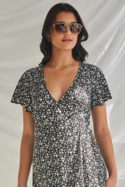 Stories be Told Royals Black Ditsy Ss Wrap Mini Dress
