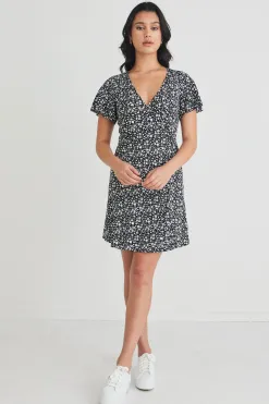 Stories be Told Royals Black Ditsy Ss Wrap Mini Dress