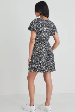 Stories be Told Royals Black Ditsy Ss Wrap Mini Dress