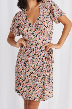 Stories be Told Royals Black Garden SS Wrap Mini Dress