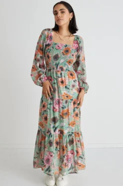 By Rosa. Ruby Green Floral LS Shirred Bodice Tiered Midi Dress