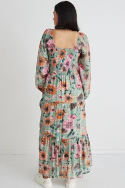 By Rosa. Ruby Green Floral LS Shirred Bodice Tiered Midi Dress