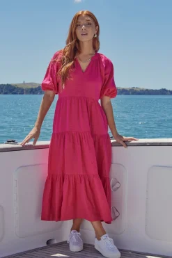Ivy + Jack Santorini Raspberry Linen Puff Ss V-Neck Tiered Maxi Dress