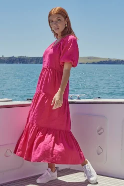 Ivy + Jack Santorini Raspberry Linen Puff Ss V-Neck Tiered Maxi Dress