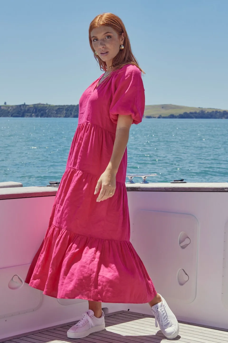 Ivy + Jack Santorini Raspberry Linen Puff Ss V-Neck Tiered Maxi Dress