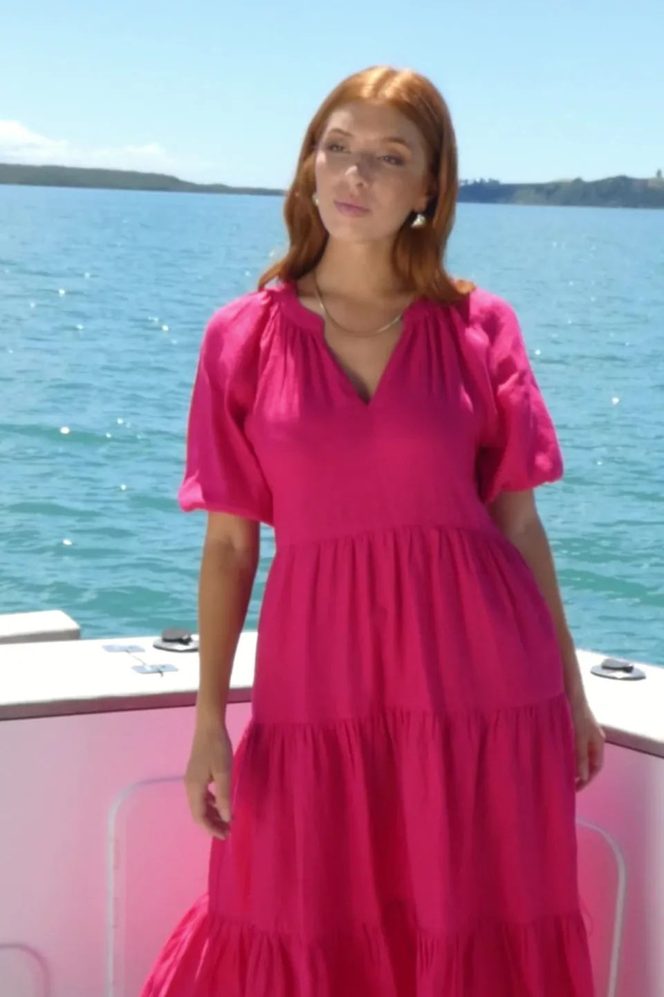 Ivy + Jack Santorini Raspberry Linen Puff Ss V-Neck Tiered Maxi Dress