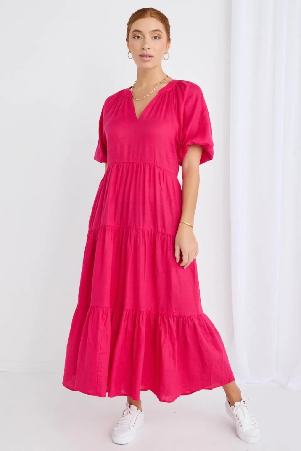 Ivy + Jack Santorini Raspberry Linen Puff Ss V-Neck Tiered Maxi Dress