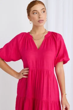 Ivy + Jack Santorini Raspberry Linen Puff Ss V-Neck Tiered Maxi Dress