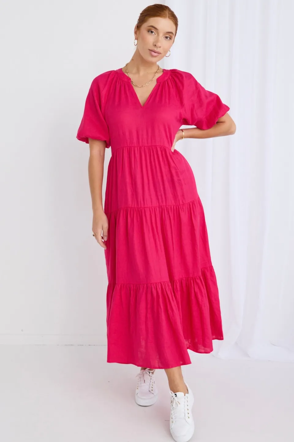 Ivy + Jack Santorini Raspberry Linen Puff Ss V-Neck Tiered Maxi Dress
