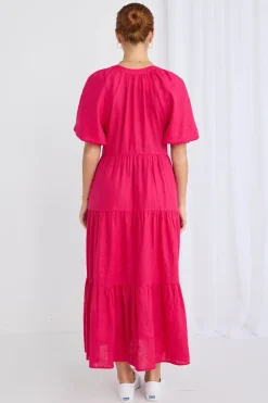Ivy + Jack Santorini Raspberry Linen Puff Ss V-Neck Tiered Maxi Dress