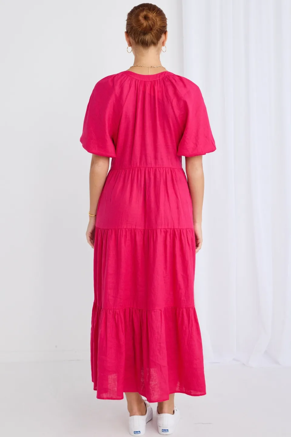 Ivy + Jack Santorini Raspberry Linen Puff Ss V-Neck Tiered Maxi Dress