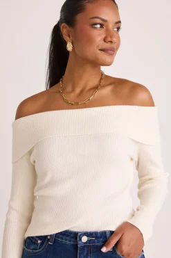 Among the Brave Sasha Winter White LS Off Shoulder Rib Knit Top