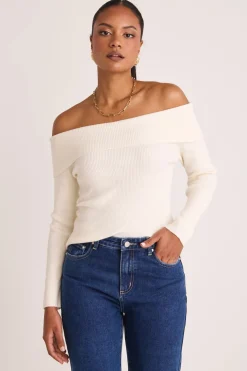 Among the Brave Sasha Winter White LS Off Shoulder Rib Knit Top
